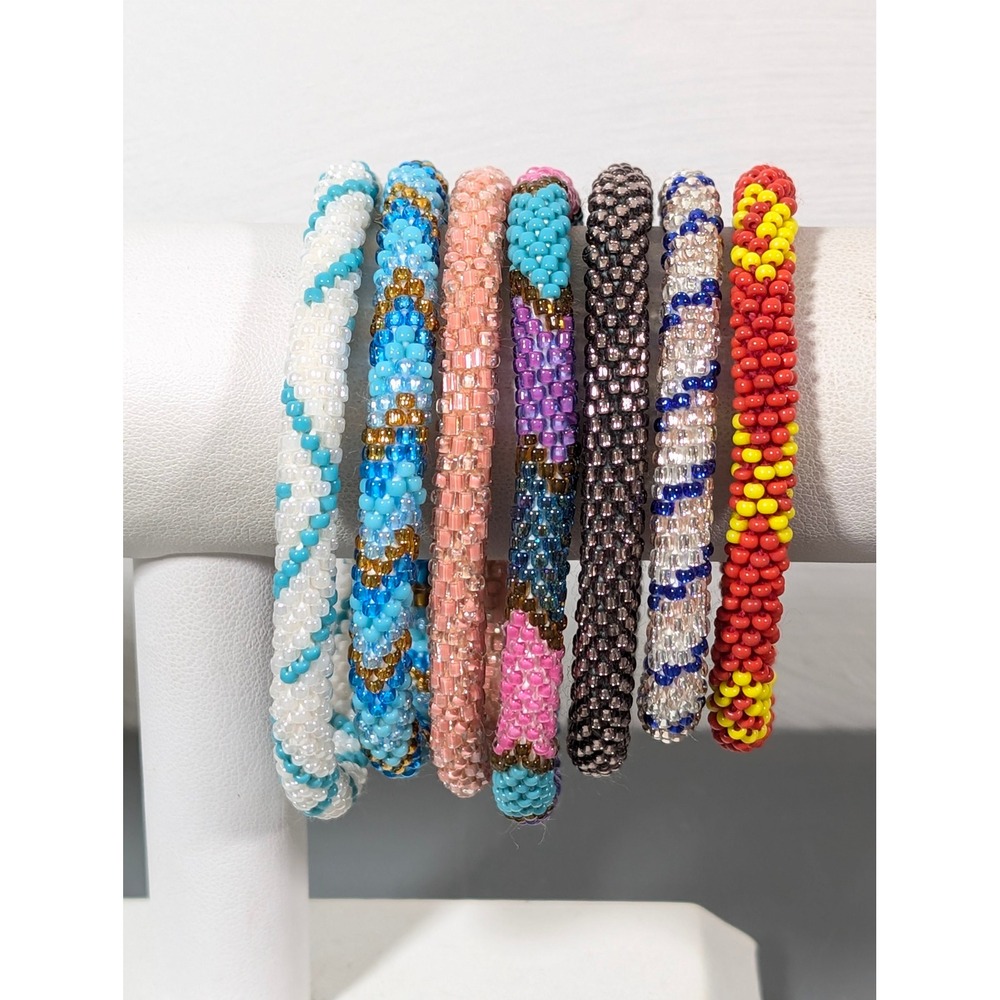 Lot of 7 Glass Beaded Roll On Stack Bracelets Boho Festival Stretch Colorful